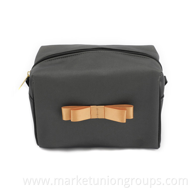 Custom Large Plain Bow Gray Polyester Private Label Cosmetic Makeup Toiletry Brush Bag Set